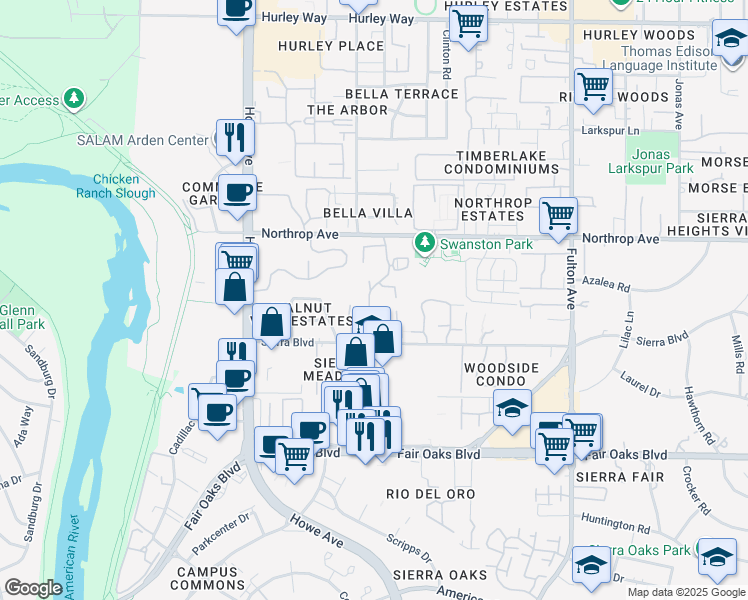 map of restaurants, bars, coffee shops, grocery stores, and more near 800 Woodside Lane East in Sacramento