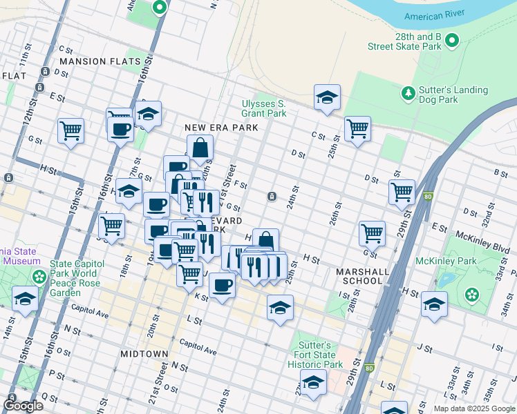 map of restaurants, bars, coffee shops, grocery stores, and more near 2220 F Street in Sacramento
