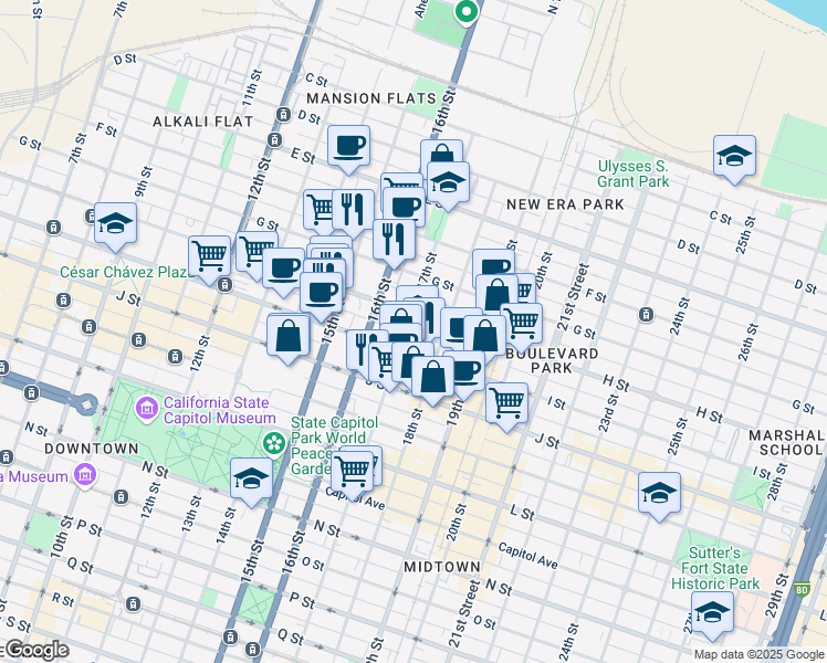 map of restaurants, bars, coffee shops, grocery stores, and more near 1622 H Street in Sacramento