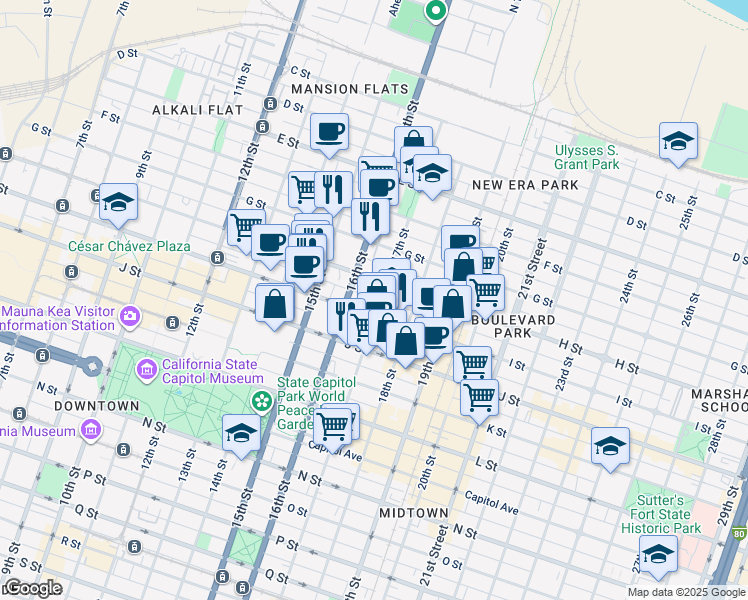 map of restaurants, bars, coffee shops, grocery stores, and more near 1622 H Street in Sacramento