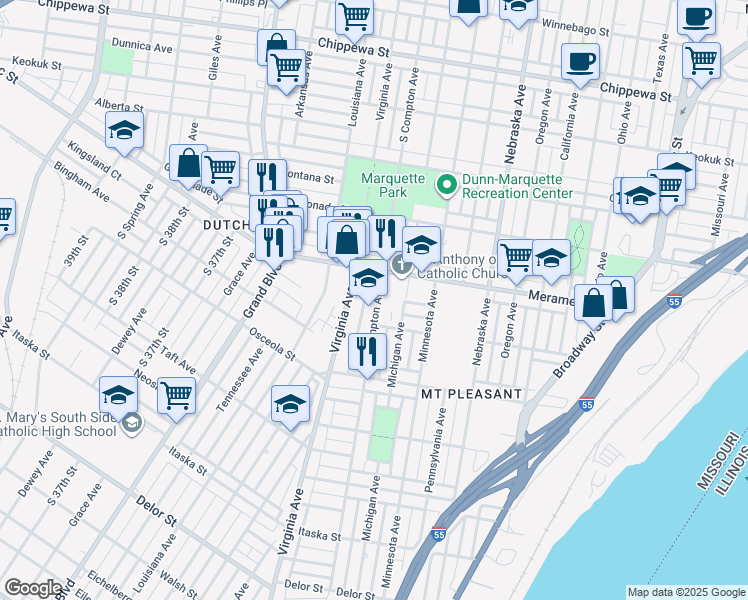 map of restaurants, bars, coffee shops, grocery stores, and more near 4211 South Compton Avenue in St. Louis
