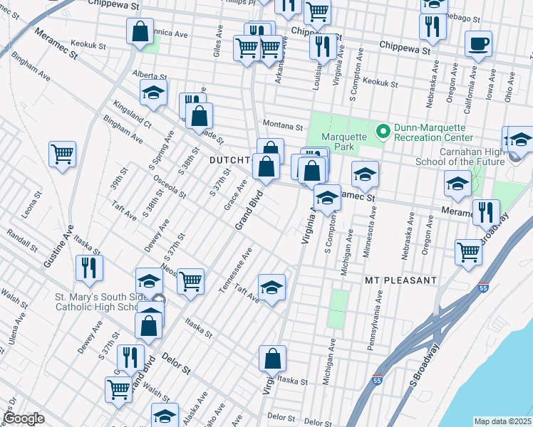 map of restaurants, bars, coffee shops, grocery stores, and more near 3540 Kingsland Court in St. Louis