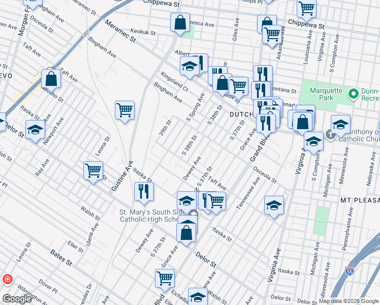 map of restaurants, bars, coffee shops, grocery stores, and more near 4428 South 38th Street in St. Louis