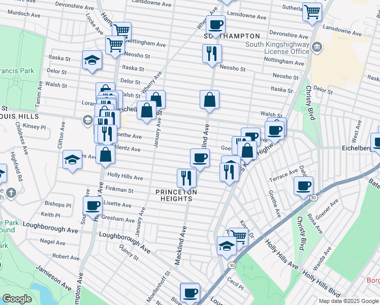 map of restaurants, bars, coffee shops, grocery stores, and more near 5426 Goethe Avenue in St. Louis
