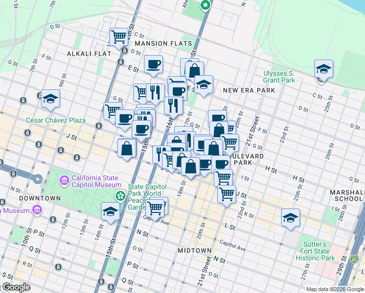 map of restaurants, bars, coffee shops, grocery stores, and more near 1622 H Street in Sacramento