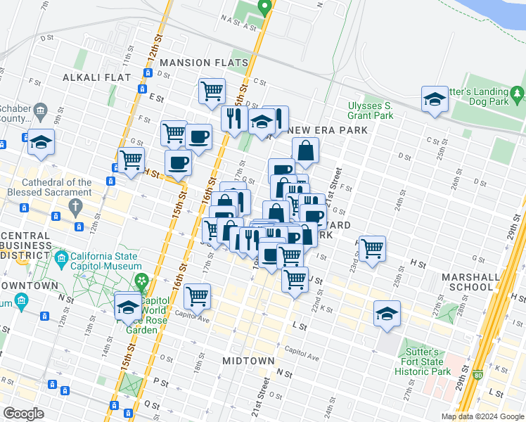 map of restaurants, bars, coffee shops, grocery stores, and more near 1818 H Street in Sacramento