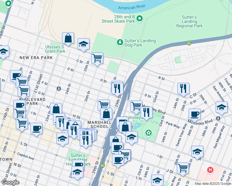 map of restaurants, bars, coffee shops, grocery stores, and more near 2819 E Street in Sacramento