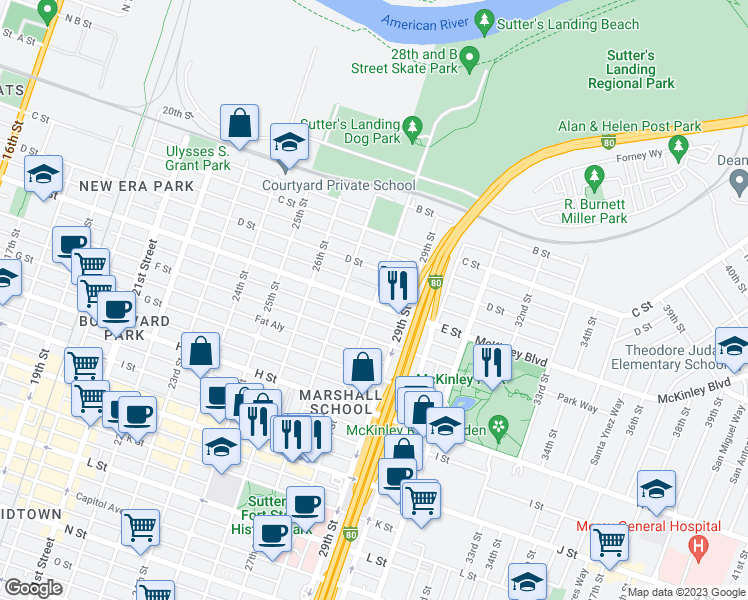 map of restaurants, bars, coffee shops, grocery stores, and more near 2737 E Street in Sacramento