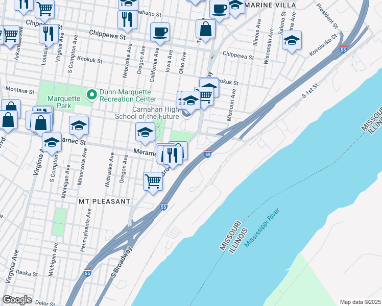 map of restaurants, bars, coffee shops, grocery stores, and more near 4100-4198 Ohio Avenue in St. Louis