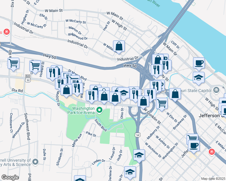 map of restaurants, bars, coffee shops, grocery stores, and more near 1013 St Marys Blvd in Jefferson City