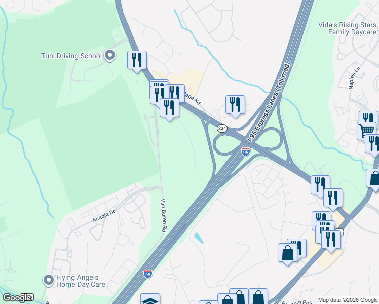 map of restaurants, bars, coffee shops, grocery stores, and more near 3759 Fettler Park Drive in Dumfries