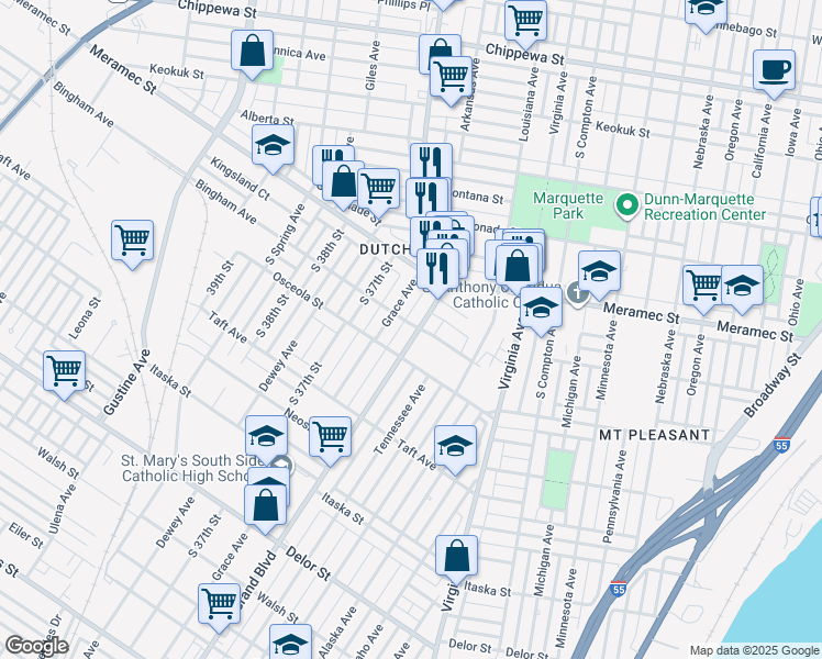 map of restaurants, bars, coffee shops, grocery stores, and more near 4303 South Grand Boulevard in St. Louis