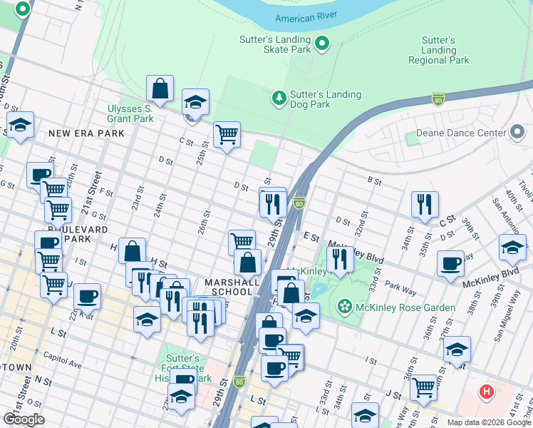 map of restaurants, bars, coffee shops, grocery stores, and more near 2811 E Street in Sacramento