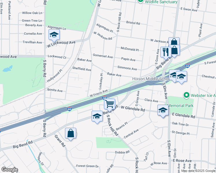 map of restaurants, bars, coffee shops, grocery stores, and more near 629 South Rock Hill Road in Webster Groves