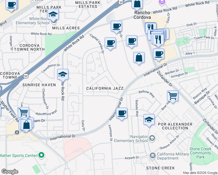 map of restaurants, bars, coffee shops, grocery stores, and more near 10749 Basie Way in Rancho Cordova