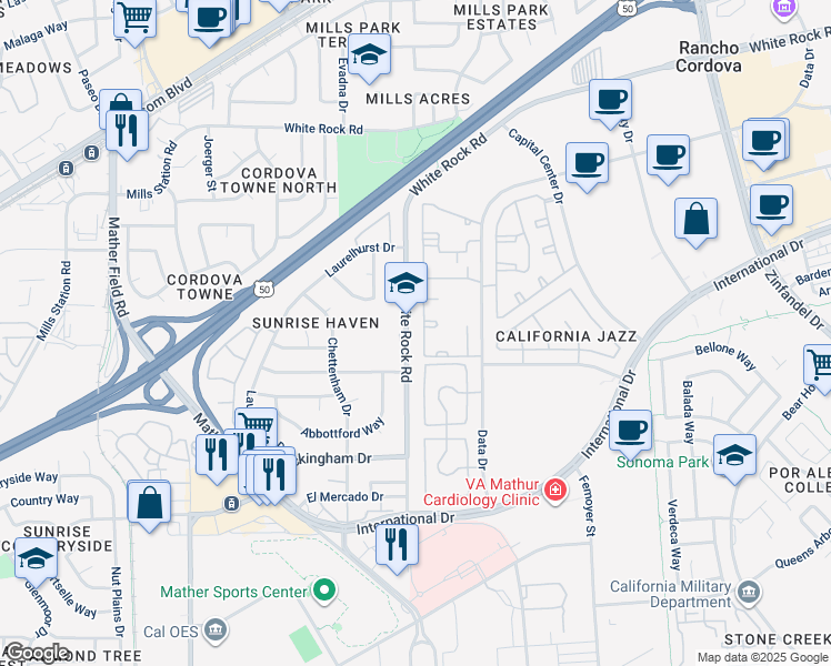 map of restaurants, bars, coffee shops, grocery stores, and more near 10364 South White Rock Road in Rancho Cordova