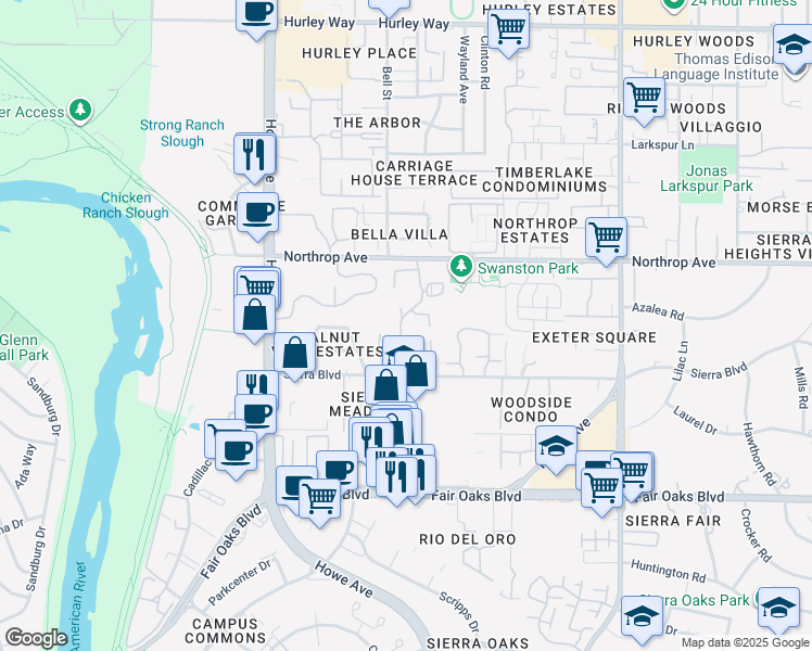 map of restaurants, bars, coffee shops, grocery stores, and more near 800 Woodside Lane East in Sacramento