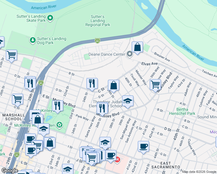 map of restaurants, bars, coffee shops, grocery stores, and more near 215 San Miguel Way in Sacramento