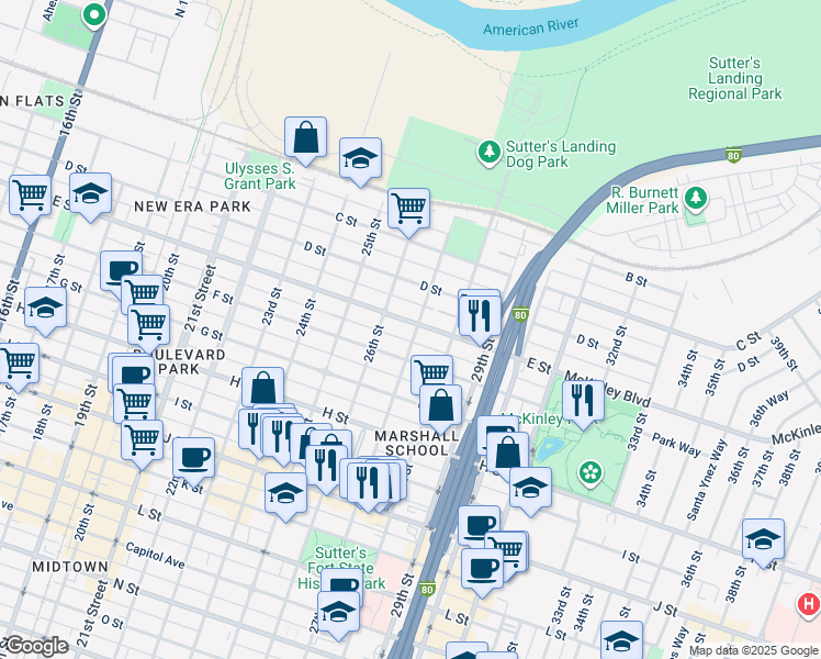 map of restaurants, bars, coffee shops, grocery stores, and more near 2627 E Street in Sacramento