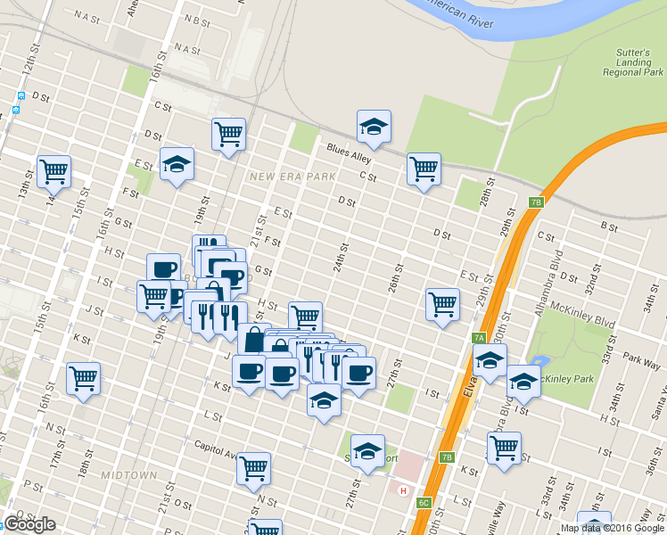 map of restaurants, bars, coffee shops, grocery stores, and more near 2321 F Street in Sacramento
