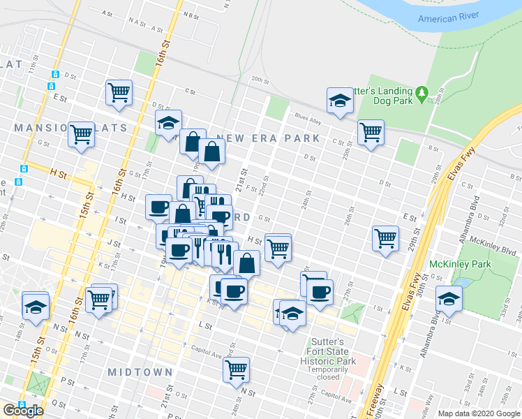 map of restaurants, bars, coffee shops, grocery stores, and more near 614 22nd Street in Sacramento