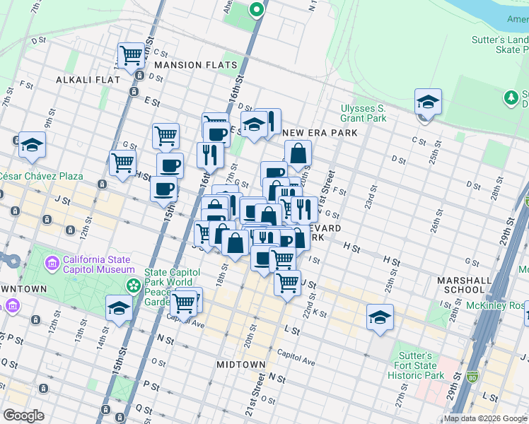 map of restaurants, bars, coffee shops, grocery stores, and more near 1820 G Street in Sacramento