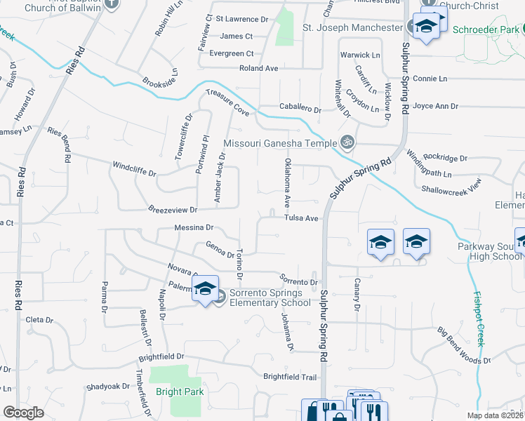 map of restaurants, bars, coffee shops, grocery stores, and more near 324 Reindeer Drive in Ballwin