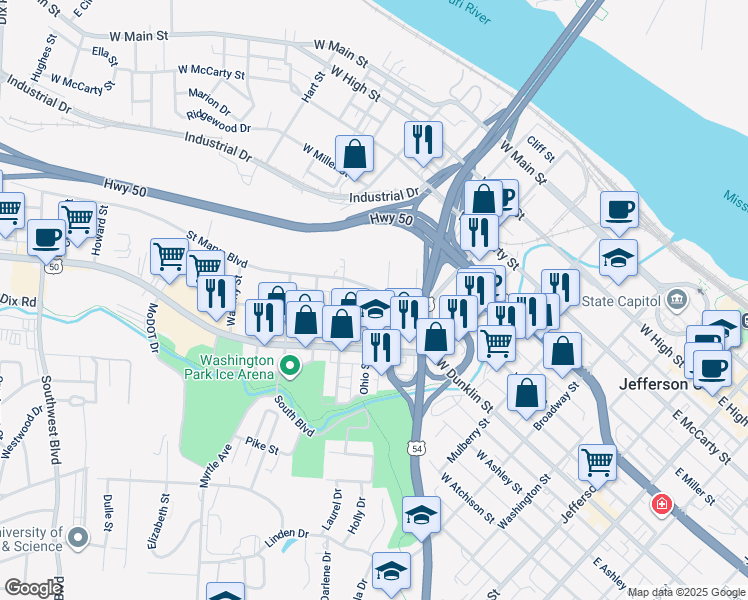 map of restaurants, bars, coffee shops, grocery stores, and more near 801 Armory Drive in Jefferson City