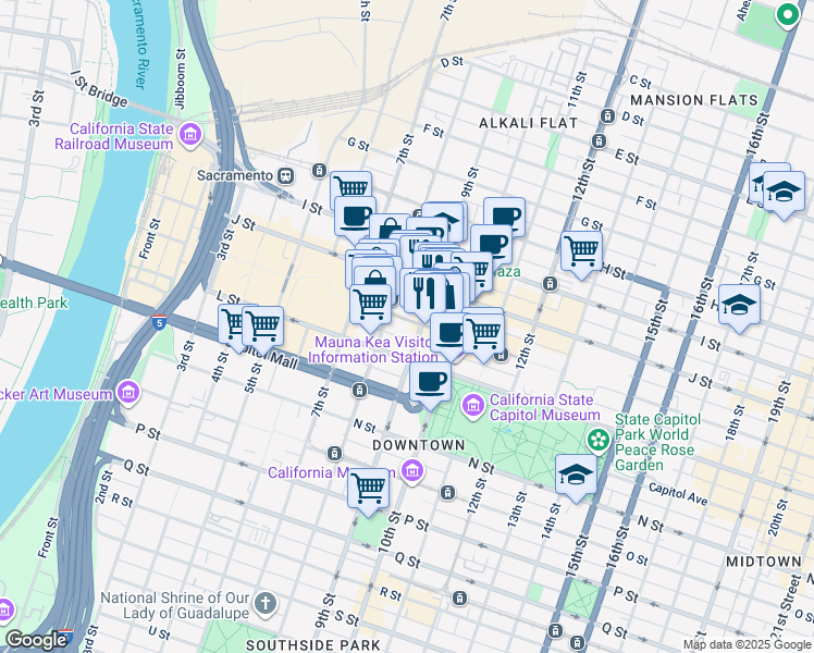 map of restaurants, bars, coffee shops, grocery stores, and more near 831 K Street in Sacramento