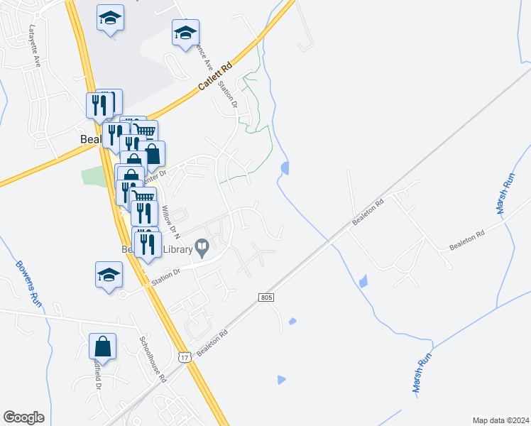 map of restaurants, bars, coffee shops, grocery stores, and more near 6126 Olivera Avenue in Bealeton