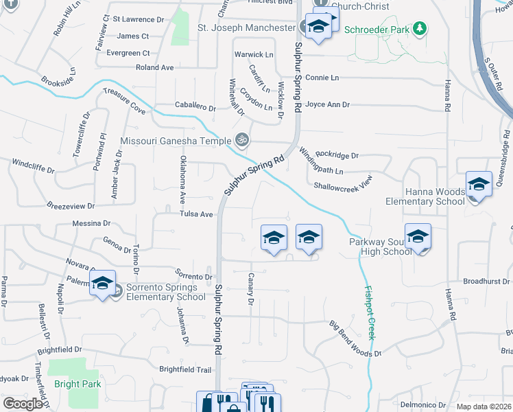 map of restaurants, bars, coffee shops, grocery stores, and more near 792 Canary Drive in Ballwin