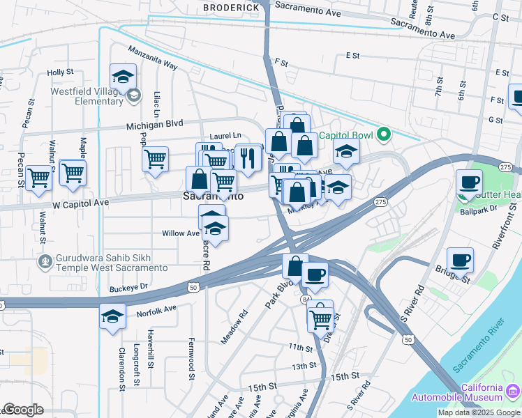 map of restaurants, bars, coffee shops, grocery stores, and more near 830 Jefferson Boulevard in West Sacramento