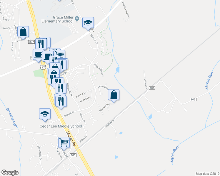 map of restaurants, bars, coffee shops, grocery stores, and more near 6126 Olivera Avenue in Bealeton