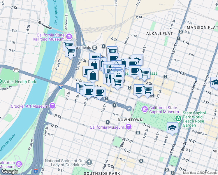 map of restaurants, bars, coffee shops, grocery stores, and more near 630 K Street in Sacramento