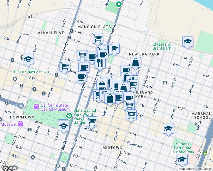 map of restaurants, bars, coffee shops, grocery stores, and more near 1725 H Street in Sacramento