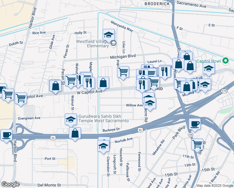 map of restaurants, bars, coffee shops, grocery stores, and more near 1915 W Capitol Ave in West Sacramento