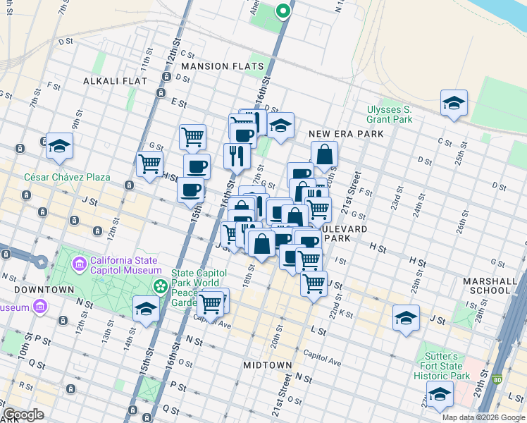 map of restaurants, bars, coffee shops, grocery stores, and more near 1726 H Street in Sacramento