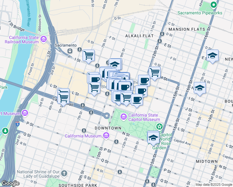 map of restaurants, bars, coffee shops, grocery stores, and more near 1010 10th Street in Sacramento