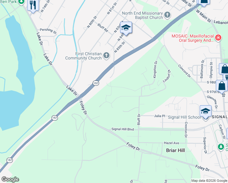 map of restaurants, bars, coffee shops, grocery stores, and more near 8910 Bluff Hill Road in Belleville