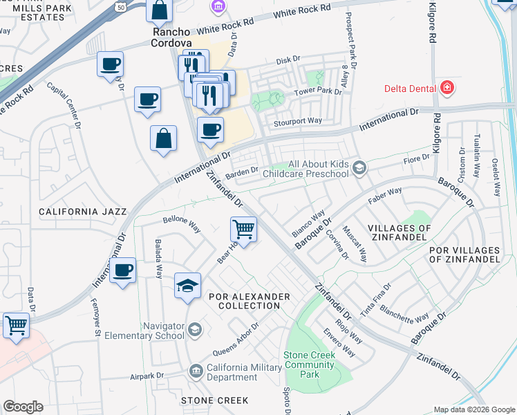 map of restaurants, bars, coffee shops, grocery stores, and more near 10857 Bianco Way in Rancho Cordova