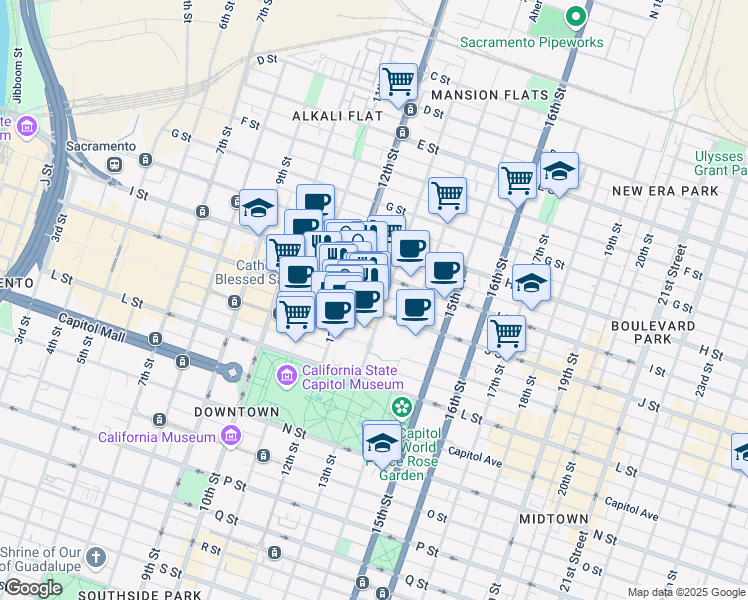 map of restaurants, bars, coffee shops, grocery stores, and more near in Sacramento
