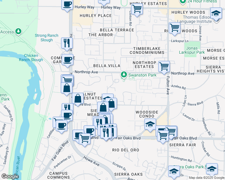 map of restaurants, bars, coffee shops, grocery stores, and more near 800 Woodside Lane East in Sacramento