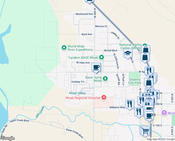 map of restaurants, bars, coffee shops, grocery stores, and more near 568 West 400 North in Moab