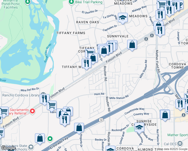 map of restaurants, bars, coffee shops, grocery stores, and more near 10012 Froom Circle in Sacramento