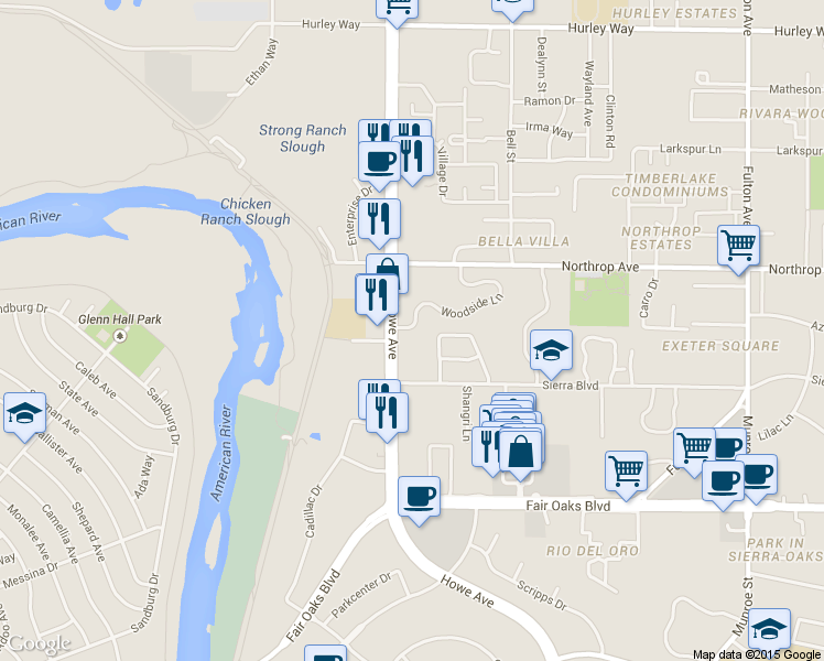 map of restaurants, bars, coffee shops, grocery stores, and more near 2229 Woodside Lane in Sacramento