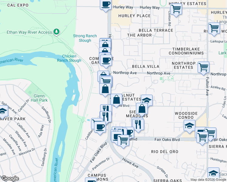 map of restaurants, bars, coffee shops, grocery stores, and more near 2229 Woodside Lane in Sacramento