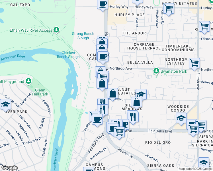 map of restaurants, bars, coffee shops, grocery stores, and more near in Arden-Arcade