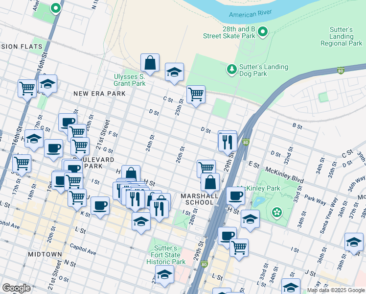 map of restaurants, bars, coffee shops, grocery stores, and more near 2522 E Street in Sacramento