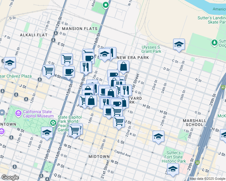 map of restaurants, bars, coffee shops, grocery stores, and more near 1820 G Street in Sacramento