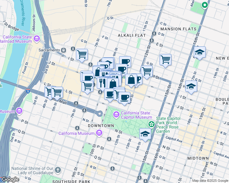 map of restaurants, bars, coffee shops, grocery stores, and more near 1010 10th Street in Sacramento